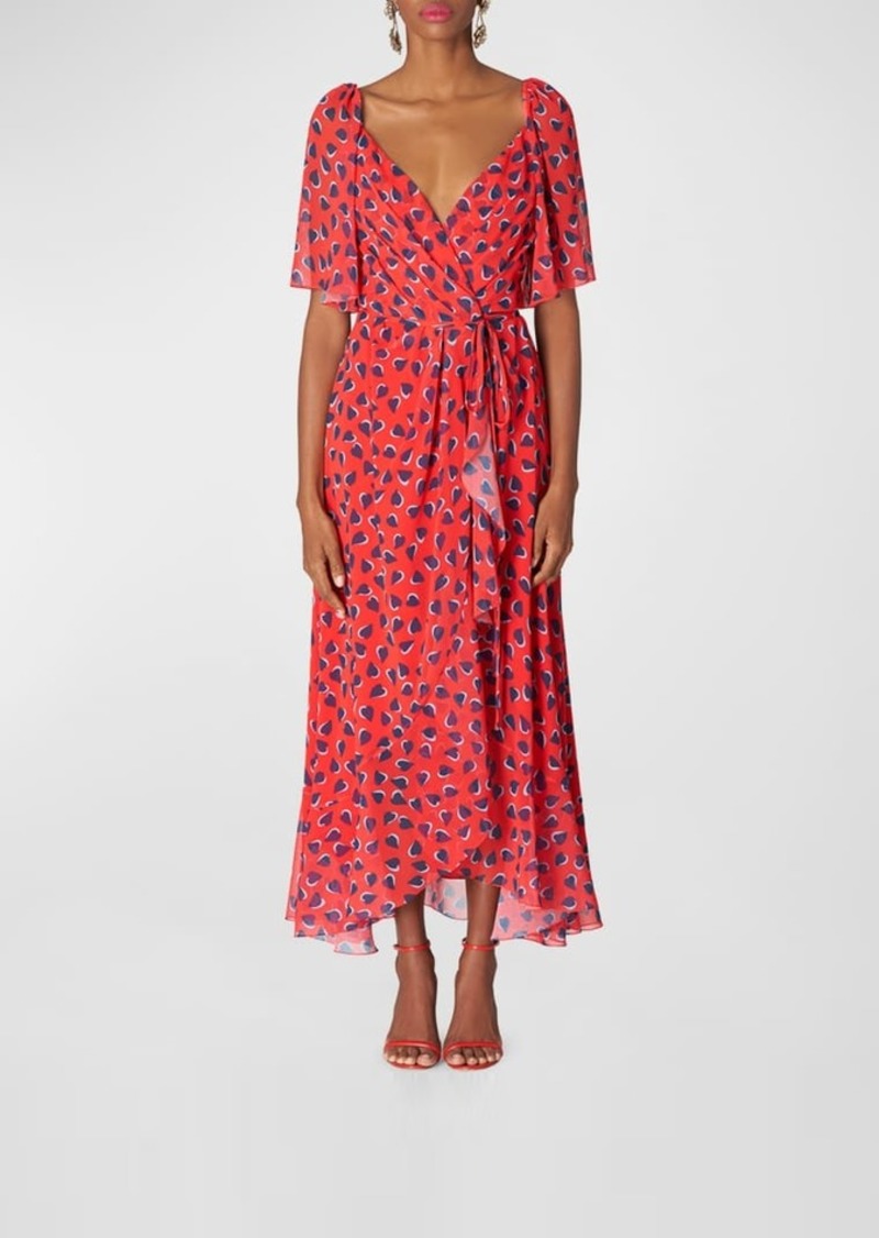 Carolina Herrera Heart-Print Flutter-Sleeve Wrap Midi Dress With Ruffle Hem