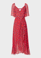 Carolina Herrera Heart-Print Flutter-Sleeve Wrap Midi Dress With Ruffle Hem