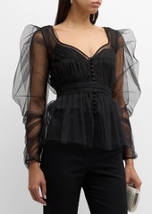 Carolina Herrera Puff Long-Sleeve V-Neck Button-Front Tulle Top