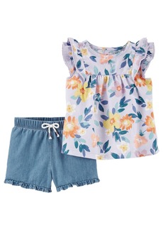 Carter's Baby Girls Floral Top and Chambray Shorts, 2 Piece Set