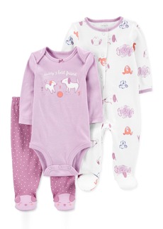 Carter's Baby Girls Print Bodysuit, Footed Pants, and Coverall, 3 Piece Set