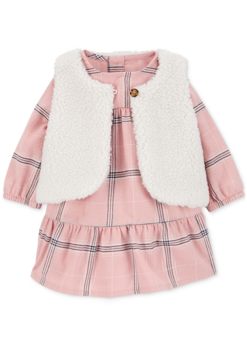 Carter's Baby Girls Plaid Dress & Faux-Sherpa Vest, 2 Piece Set - Pink