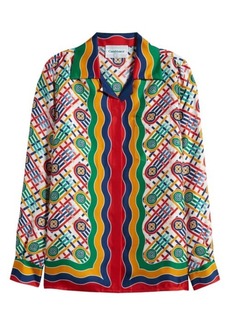 Casablanca Cuban Collar Long Sleeve Silk Blouse