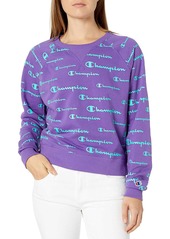 Champion Campus French Terry Print Crew Sweatshirt In Solid Scripts/purple Crush
