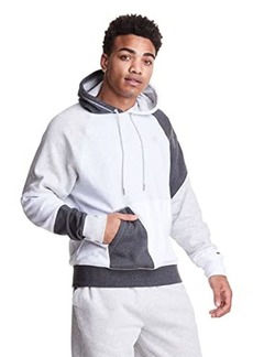 Champion Colorblocked Mid-Weight Hooded Sweatshirt Patchwork Cotton-Rich Fleece Hoodie for Men GFS Silver/Bleached Stone Heather/Granite Heather/White-551873