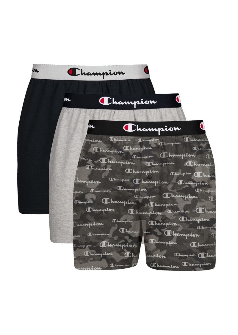 Champion mens Champion Men's Cotton Stretch 3 Pack Boxer Shorts Black Camo Print With Script Logo/New Ebony/Oxford Grey Heather  US