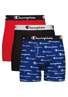 Champion Men's Boxer Briefs Every Day Comfort Stretch Cotton Moisture-Wicking Underwear Multi-Pack Blue White Script Logo/Black/Red-3 Pack