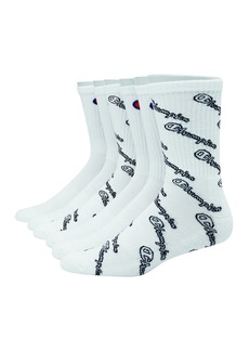 Champion Men's Double Dry Moisture Wicking Crew Socks 6 8 12 Packs Availabe White with All Over Script-6 Pack