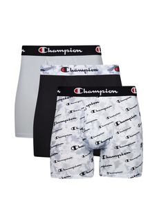 Champion Men's Polyester Blend Total Support Pouch Boxer Brief 3 Pack Grey Print with Script Logo/New Ebony/Silverstone