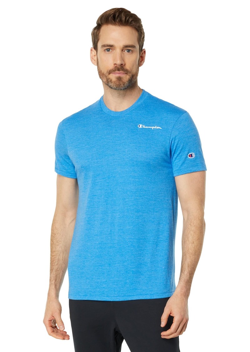 Champion Men's Powerblend Crewneck Short Sleeve Tee (Retired Colors) Blue Jay Heather  Script