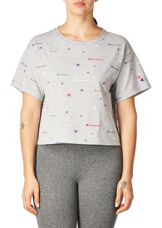 Champion Women's The Cropped Tee Multi Scattered Logos Oxford Gray Heather