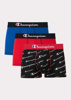 Champion Men's 3-Pack Moisture Wicking Lightweight Stretch Trunks In Scarlet/blue/black Script Print