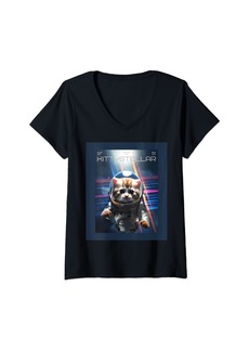 Champion Womens Astronaut Cat with Interstellar Space Aesthetic Movie Poster V-Neck T-Shirt
