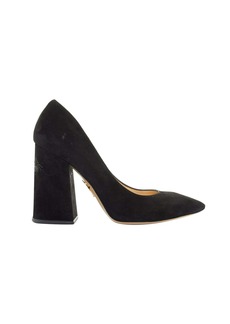 CHARLOTTE OLYMPIA black suede point toe spider embroidered chunky high heel