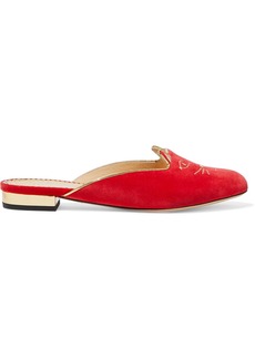 Charlotte Olympia - Kitty embroidered velvet slippers - Red - EU 39