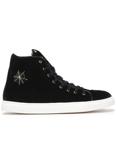 Charlotte Olympia Woman Purrfect Embroidered Velvet High-top Sneakers Black