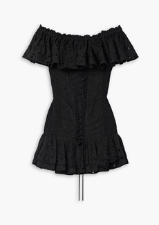 Charo Ruiz Ibiza - Pia off-the-shoulder ruffled broderie anglaise cotton-blend mini dress - Black - S