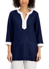 Charter Club 100% Linen Petite Colorblocked Eyelet 3/4 Sleeve Tunic Top, Created for Macy's - Intrepid Blue