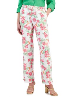 Charter Club 100% Linen Foliage Printed High Rise Pants, Created for Macy's - Bright White