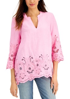 Charter Club Linen Embroidered-Hem Tunic, Created for Macy's