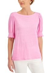 Charter Club Linen Smocked-Sleeve Top, Created for Macy's