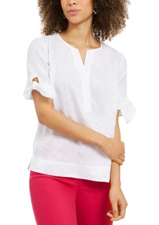 Charter Club Petite 100% Linen Split-Neck Tie Sleeve Top, Created for Macy's - Bright White