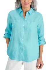 Charter Club Petite 100% Linen Button-Front Shirt, Created for Macy's - Blue Ocean
