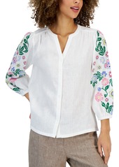 Charter Club Petite Linen Printed-Sleeve Blouse, Created for Macy's