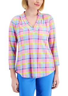 Charter Club Petite Willow Plaid Knit V-Neck 3/4-Sleeve Top, Created for Macy's