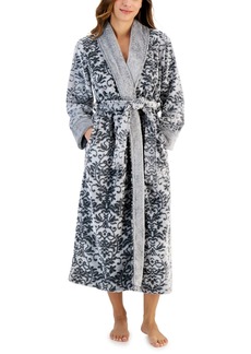 Charter Club Women's Plush Long Floral Scroll Wrap Robe, Created for Macy's - Dark Gray Floral Scroll