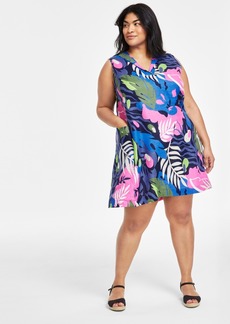 Charter Club Plus Size 100% Linen Printed Split-Neck Dress, Created for Macy's - Intrepid Blue Combo