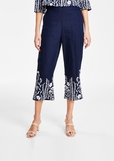 Charter Club Women's 100% Linen Floral Embroidered High Rise Cropped Pants, Created for Macy's - Intrepid Blue Combo