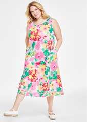 Charter Club Plus Size 100% Linen Printed Midi Tank Dress, Created for Macy's - Buble Bath Combo