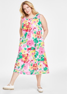 Charter Club Plus Size 100% Linen Printed Maxi Tank Dress, Created for Macy's - Buble Bath Combo