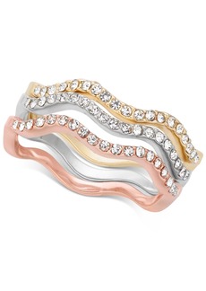 Charter Club Tri-Tone Silver, Gold Plated, 18K Rose Gold Plated 3-Pc. Set Pave Wavy Rings, Created for Macy's - Tri-Tone