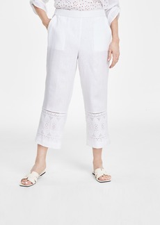 Charter Club Women's 100% Linen Cropped Eyelet Pull-On Pants, Created for Macy's - Bright White