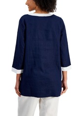 Charter Club 100% Linen Petite Colorblocked Eyelet 3/4 Sleeve Tunic Top, Created for Macy's - Intrepid Blue