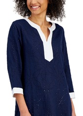 Charter Club 100% Linen Petite Colorblocked Eyelet 3/4 Sleeve Tunic Top, Created for Macy's - Intrepid Blue