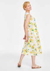 Charter Club Women's 100% Linen Floral-Print Sleeveless Midi Dress, Created for Macy's - Bright White Combo