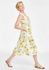 Charter Club Women's 100% Linen Floral-Print Sleeveless Midi Dress, Created for Macy's - Bright White Combo