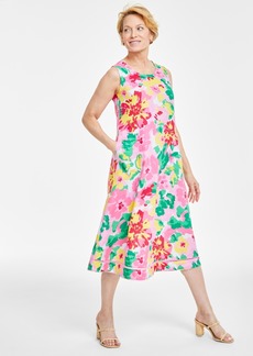 Charter Club Women's 100% Linen Floral-Print Woven Sleeveless Dress, Created for Macy's - Bubble Bath Combo