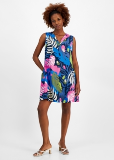 Charter Club Women's 100% Linen Palm-Print Dress, Created for Macy's - Intrepid Blue Combo