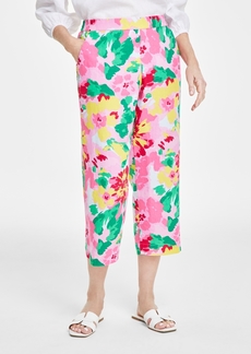 Charter Club Petite Garden Blur Pull On Printed Cropped Linen Pants, Created for Macy's - Bubble Bath Combo