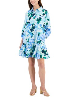 Charter Club Women's Floral-Print 100% Linen Flounce Dress, Created for Macy's - Light Pool Blue