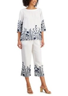 Charter Club Womens Linen Embroidered 3 4 Sleeve Top Cropped Pants Created For Macys