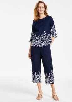 Charter Club Womens Linen Embroidered 3 4 Sleeve Top Linen Embroidered Cropped Pants Created For Macys
