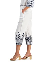 Charter Club Women's 100% Linen Embroidered Cropped Pants, Created for Macy's - Bright White