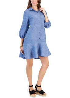Charter Club Women's 100% Linen Flounce Shirtdress, Created for Macy's - Blue Ocean Combo