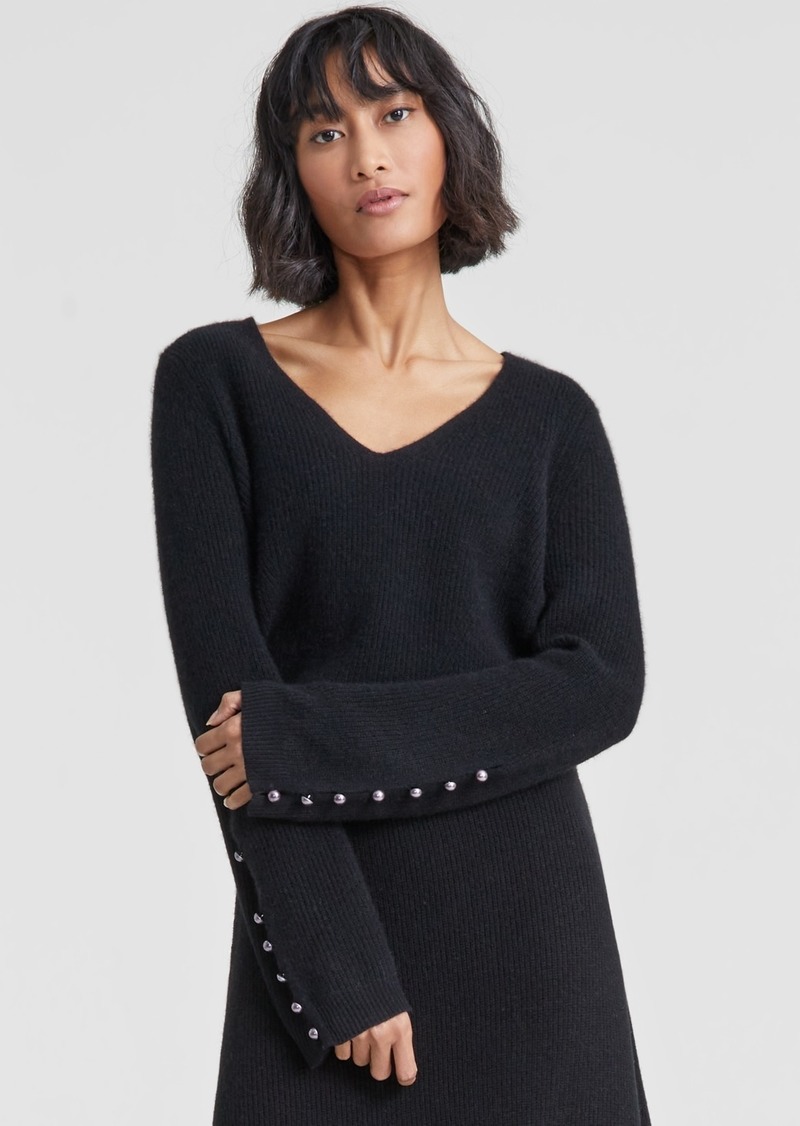 Charter Club Women's Pearl Sleeve V-Neck 100% Cashmere Sweater, Created for Macy's - Classic Black