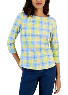 Charter Club Petite Plaid Boat-Neck 3/4-Sleeve Top, Created for Macy's